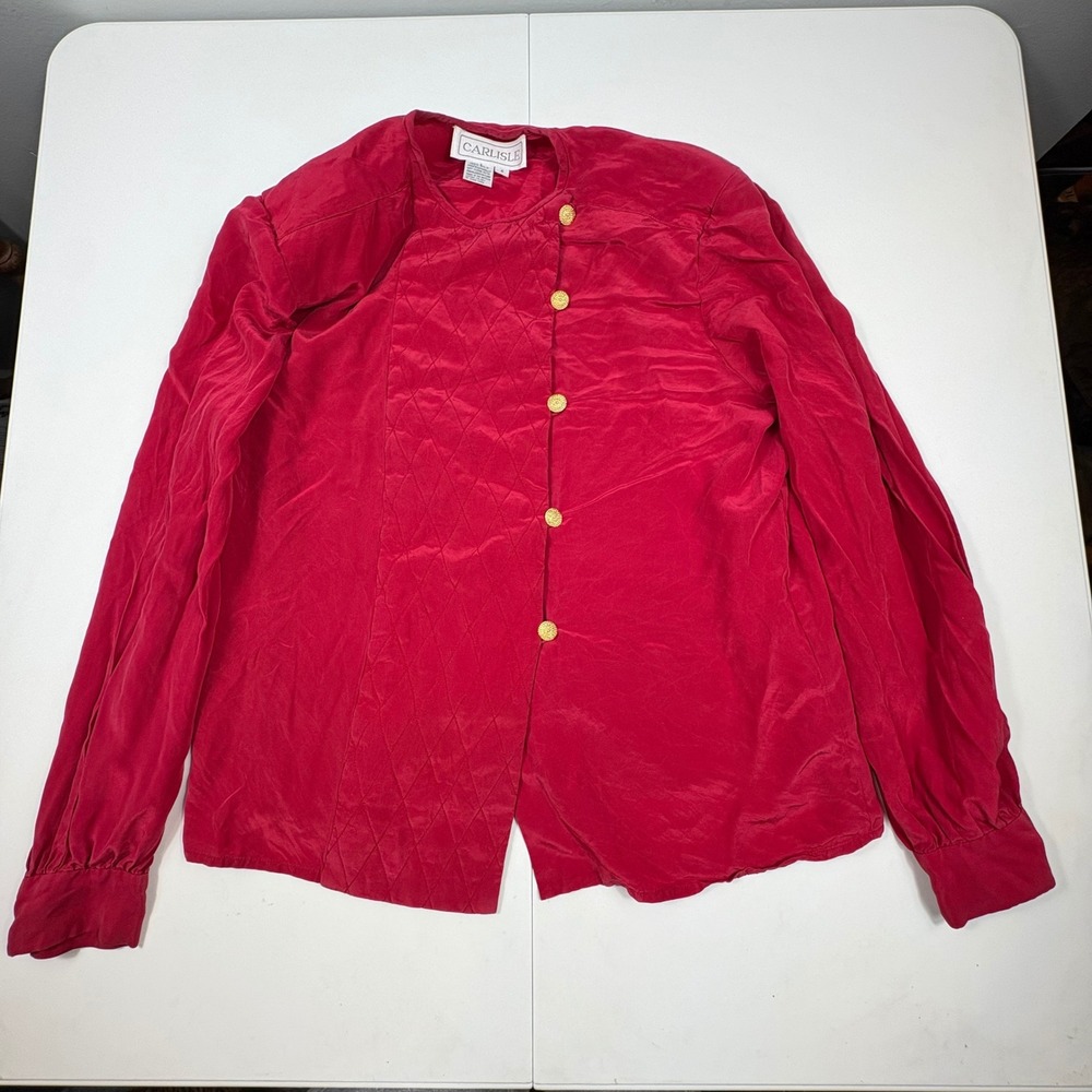 Vintage Carlisle Red Silk Shoulder Pad Blouse Gold Buttons Luxe Career Top 6